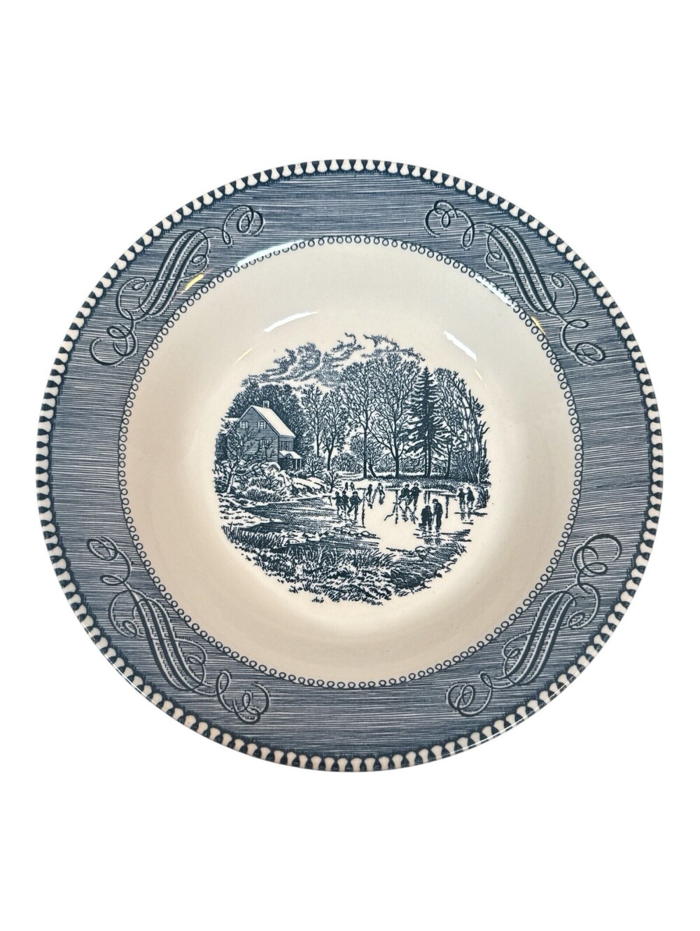 Vintage, Rare Blue Currier and Ives 8 1/2" Bowl. Early Winter Print. Large Stock